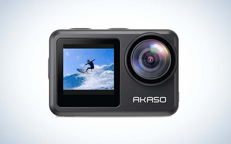AKASO Brave 7 LE action camera with a surfer on the screen