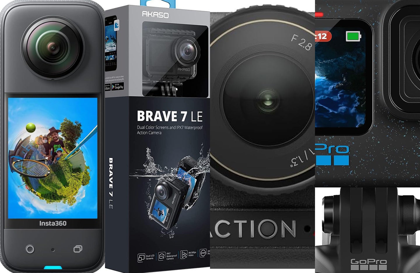 Four of the best action cameras are sliced together.