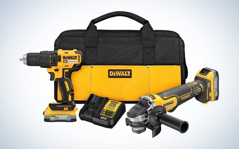 DeWalt's two-tool grinder and drill combo kit on a plain background