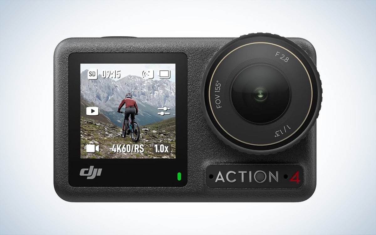 The DJI Osmo Action 4 action camera is placed against a white background with a gray gradient.