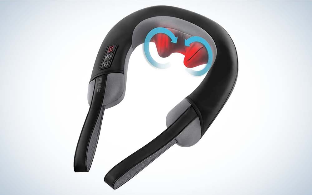 A black and gray neck massager by Homedics with red panels that provide heat and massage.