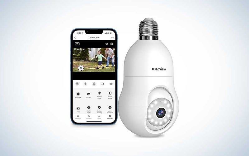 LaView 4 MP Bulb Security Camera and smartphone on a white background