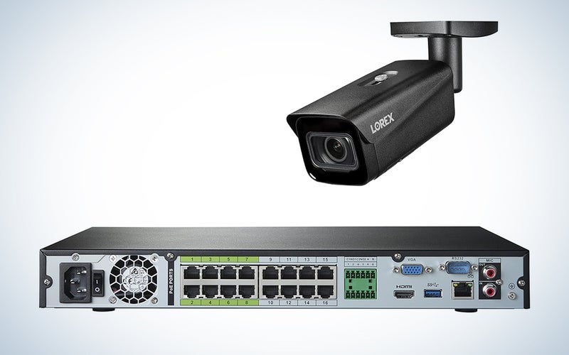 black Lorex 4K 4TB Wired NVR System with Nocturnal 4 Smart IP Bullet Cameras over a white background