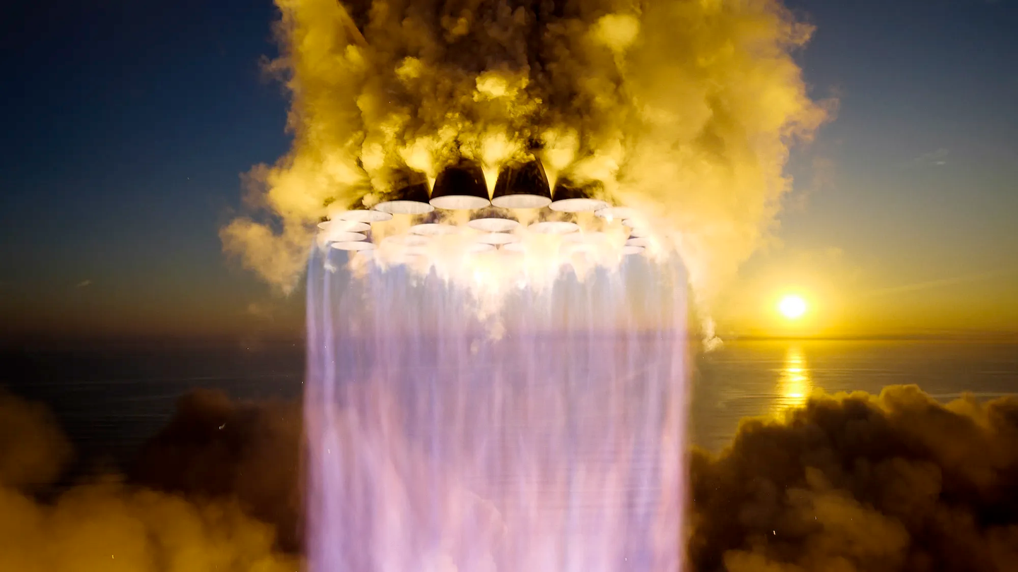Close-up of SpaceX Starship Falcon rockets igniting during liftoff